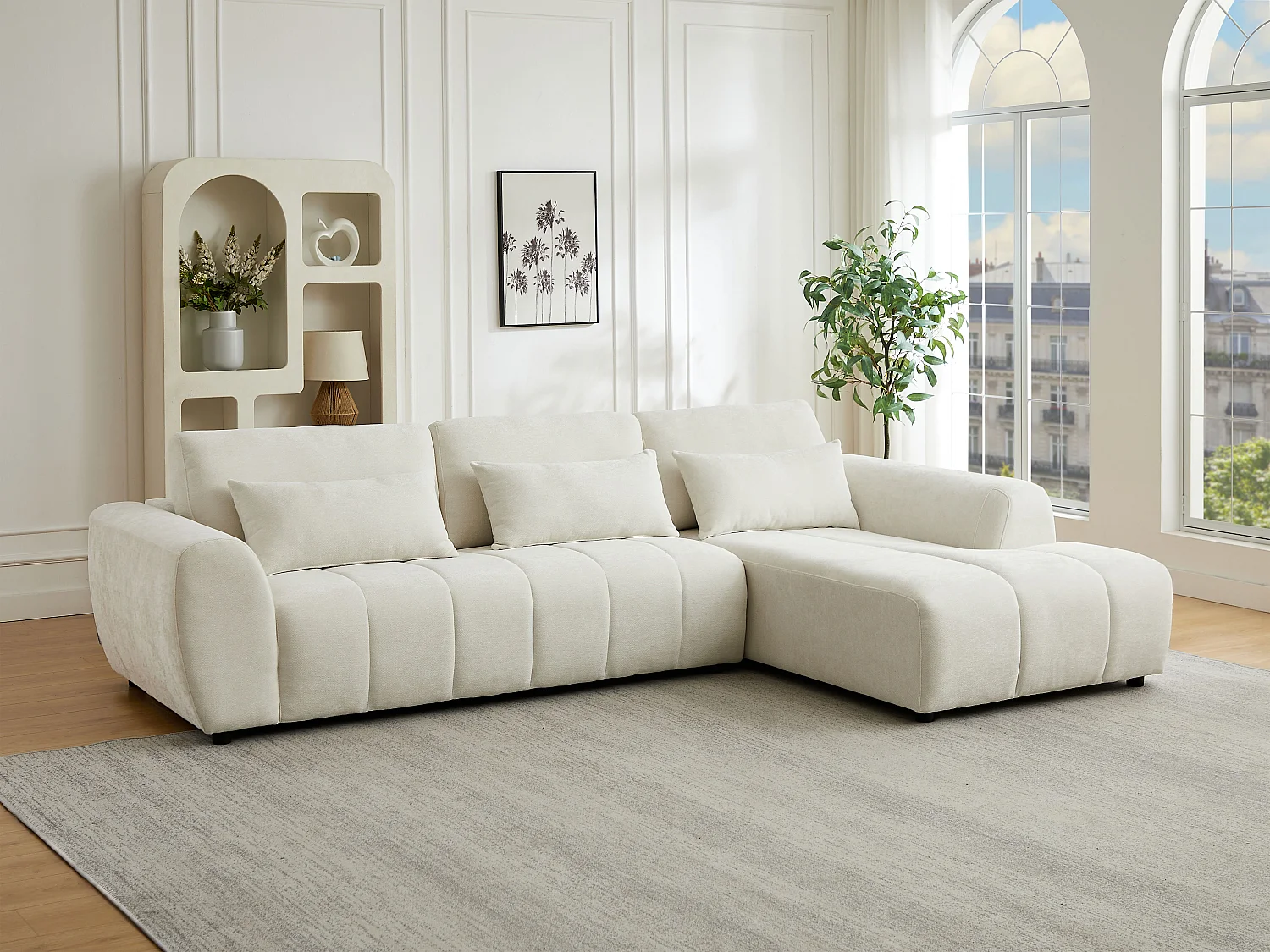 Canapé d'angle droit avec dossier relevable en tissu texturé beige FABARTO