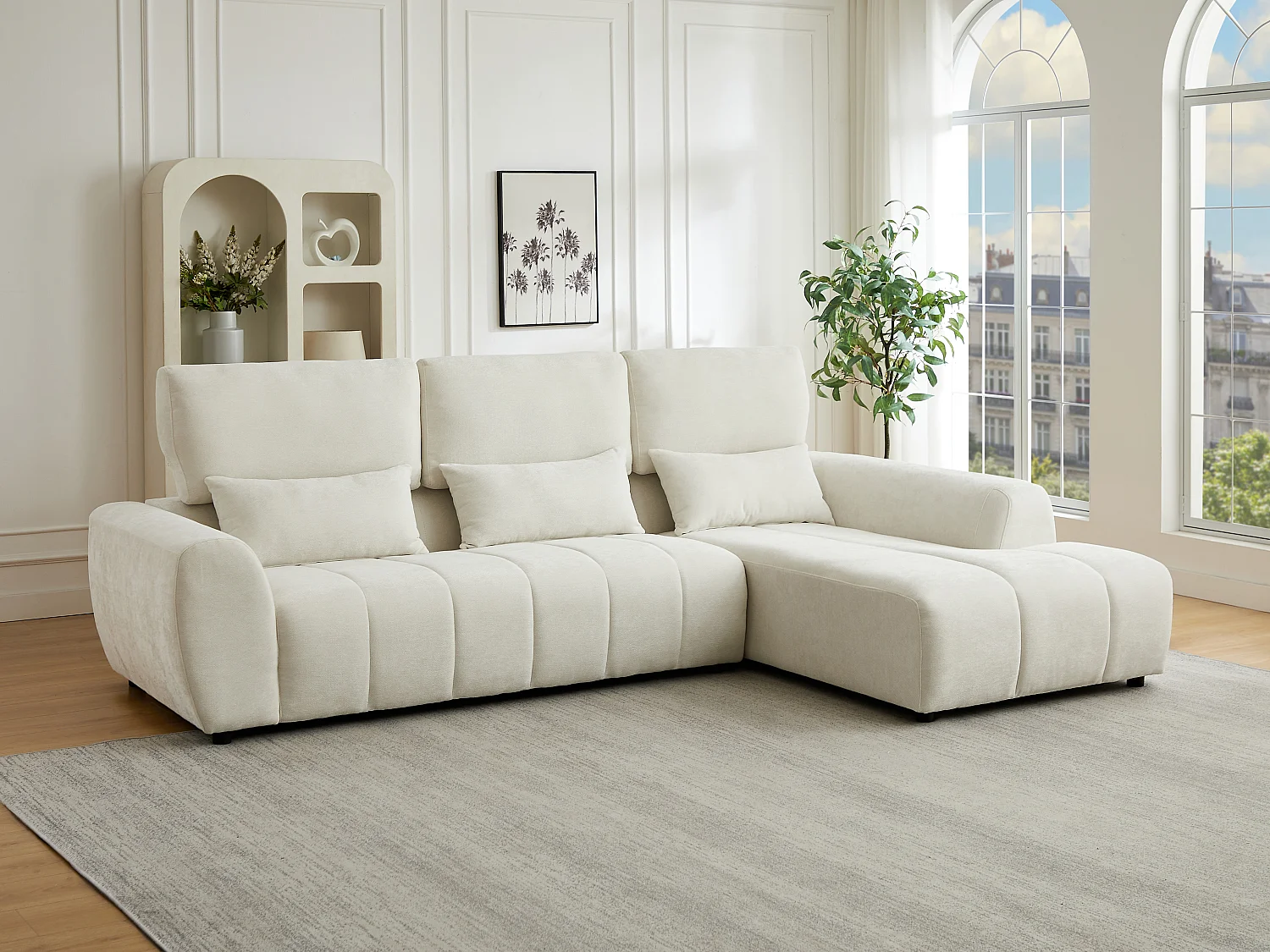 Canapé d'angle droit avec dossier relevable en tissu texturé beige FABARTO
