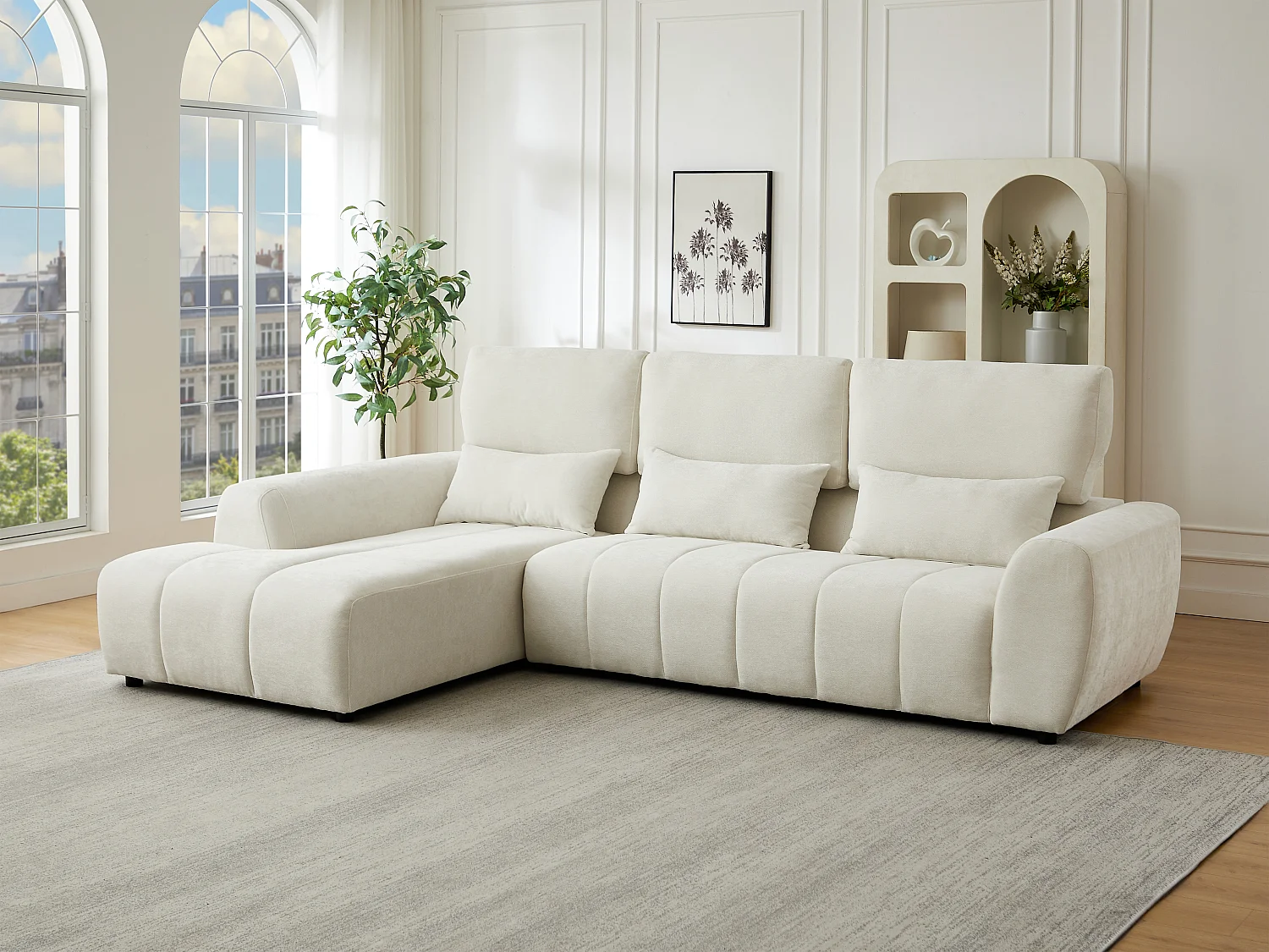 Canapé d'angle gauche avec dossier relevable en tissu texturé beige FABARTO