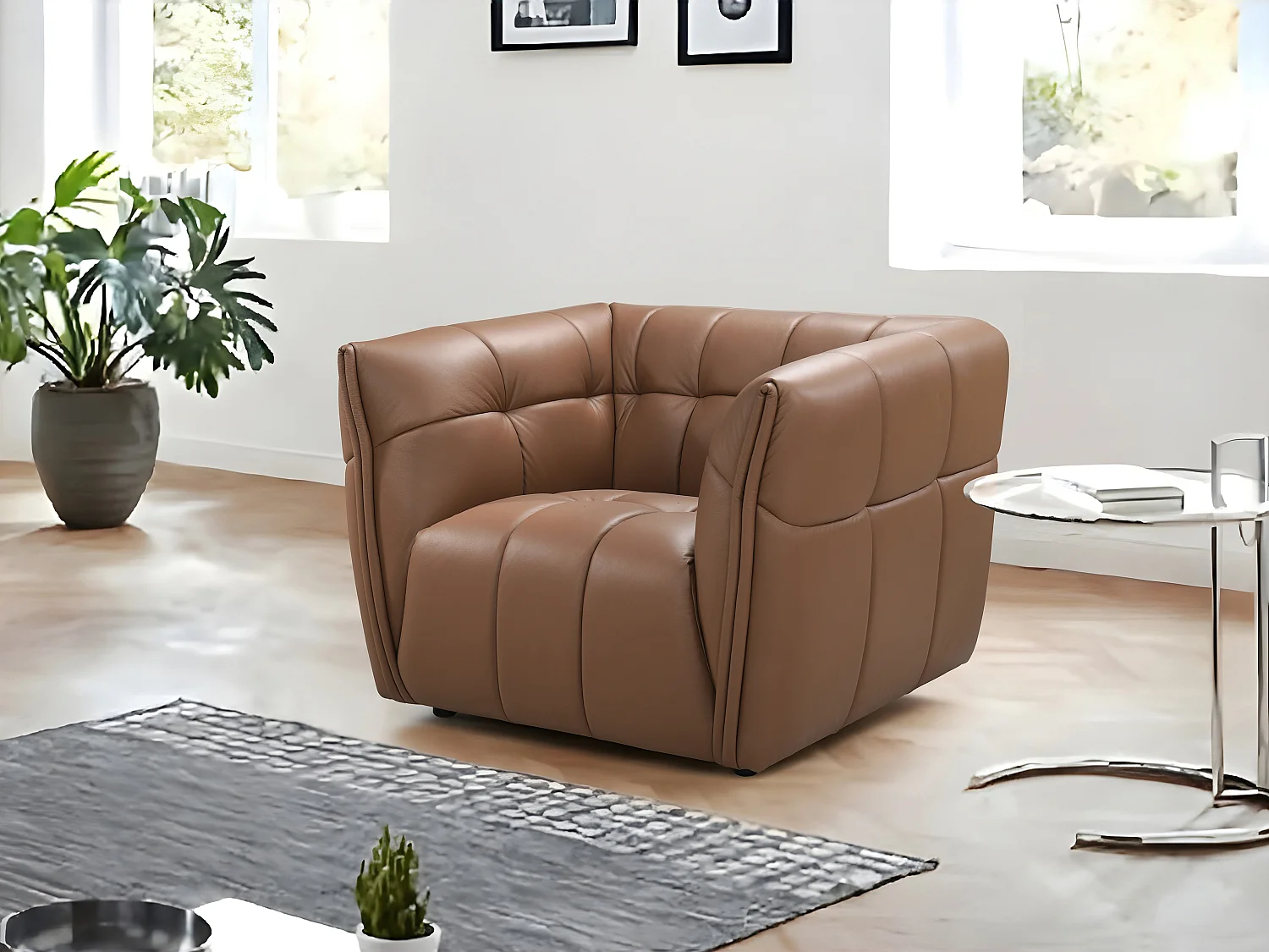 Fauteuil en cuir camel DUGORI
