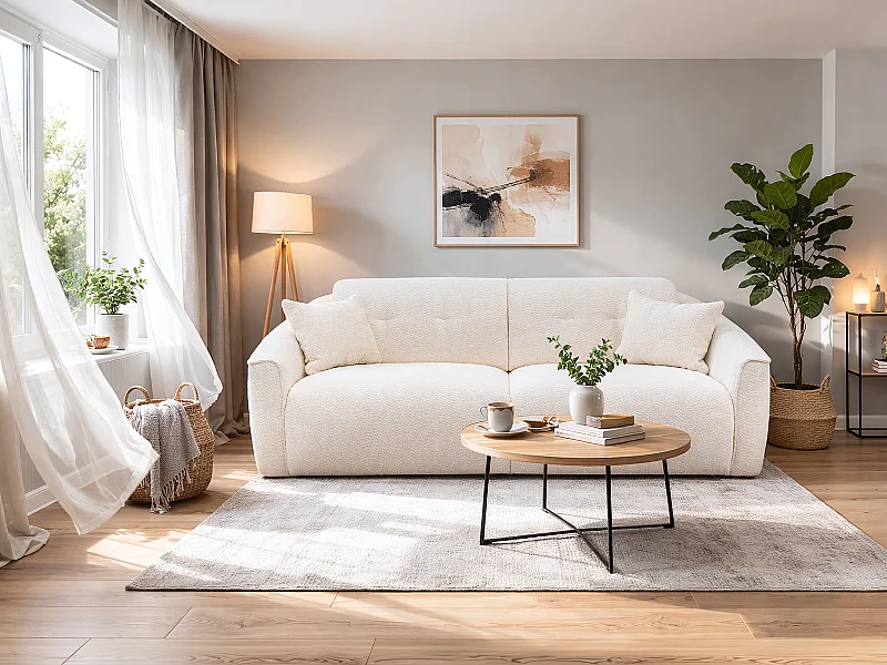 Canapé 3 places convertible express en tissu bouclette blanc - Couchage 140 cm - Matelas 16 cm mémoire de forme ASUFA