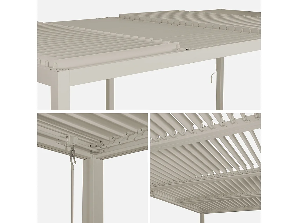 Pergola bioclimatique beige. aluminium et acier. 3x6m. lames orientables