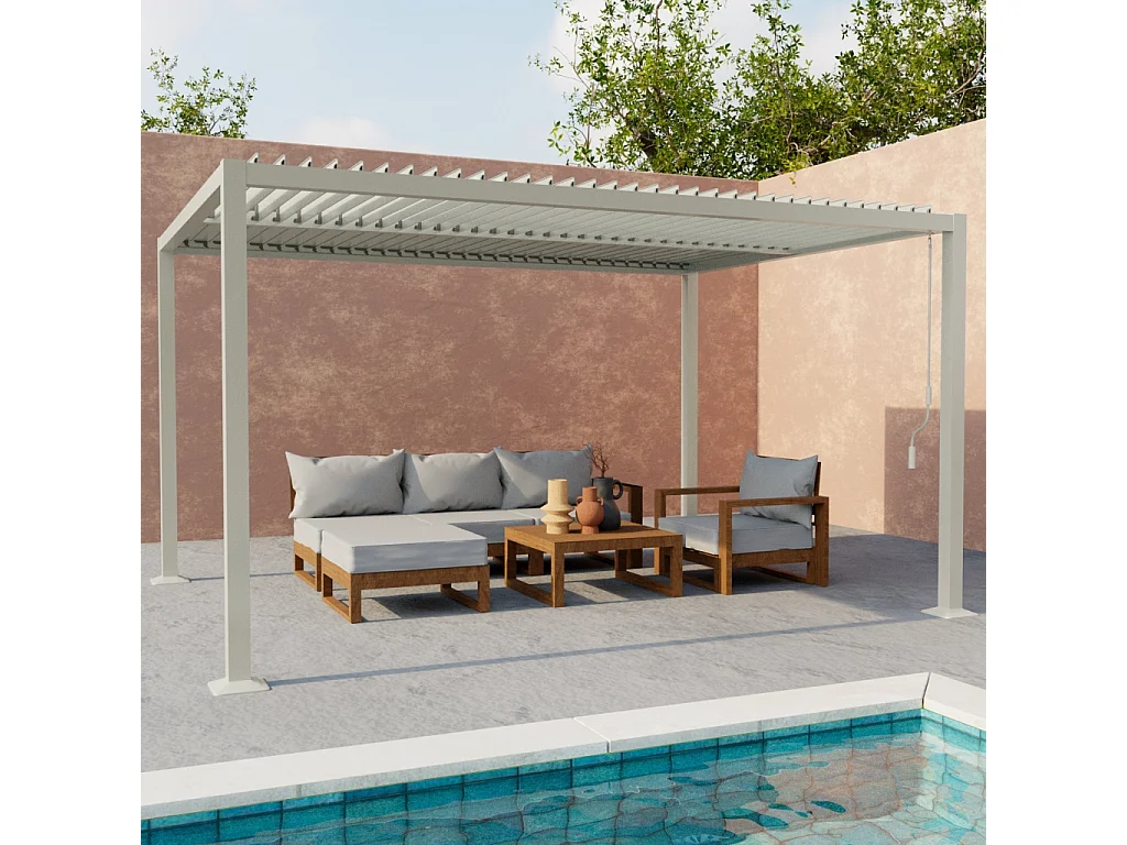 Pergola bioclimatique beige. aluminium et acier. 3x4m. lames orientables
