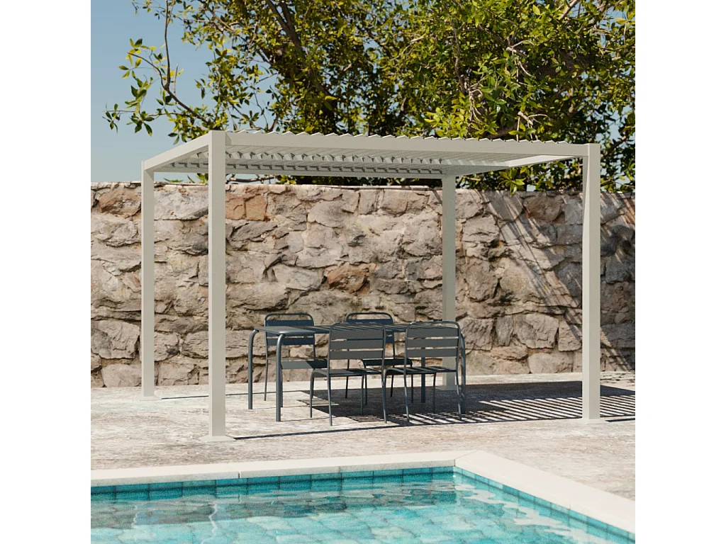 Pérgola bioclimática 3x3m de lamas de aluminio y acero beige