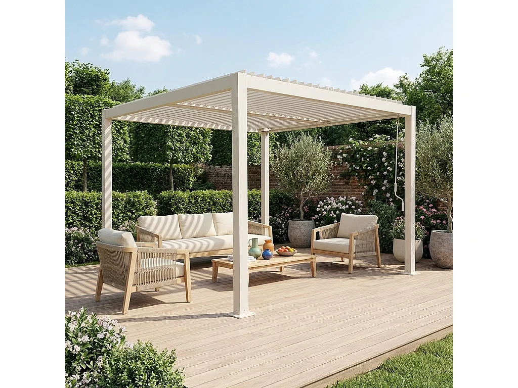 Pérgola bioclimática 3x3m de lamas de aluminio y acero beige