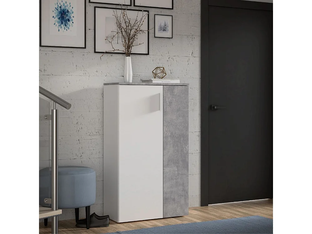 Mobile Portascarpe Contemporaneo Bianco Opaco ed Effetto Cemento Grigio Chiaro - 18 Paia - Design Europeo