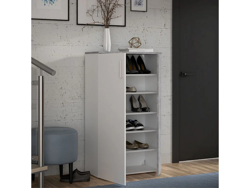 Mobile Portascarpe Contemporaneo Bianco Opaco ed Effetto Cemento Grigio Chiaro - 18 Paia - Design Europeo