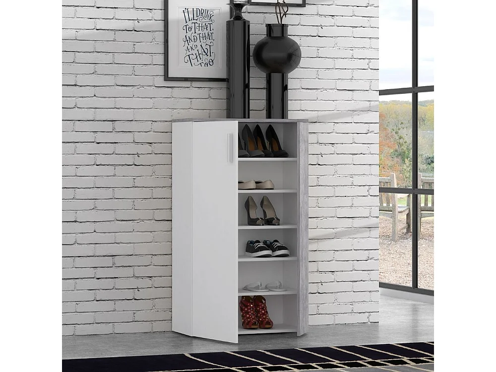 Mobile Portascarpe Contemporaneo Bianco Opaco ed Effetto Cemento Grigio Chiaro - 18 Paia - Design Europeo