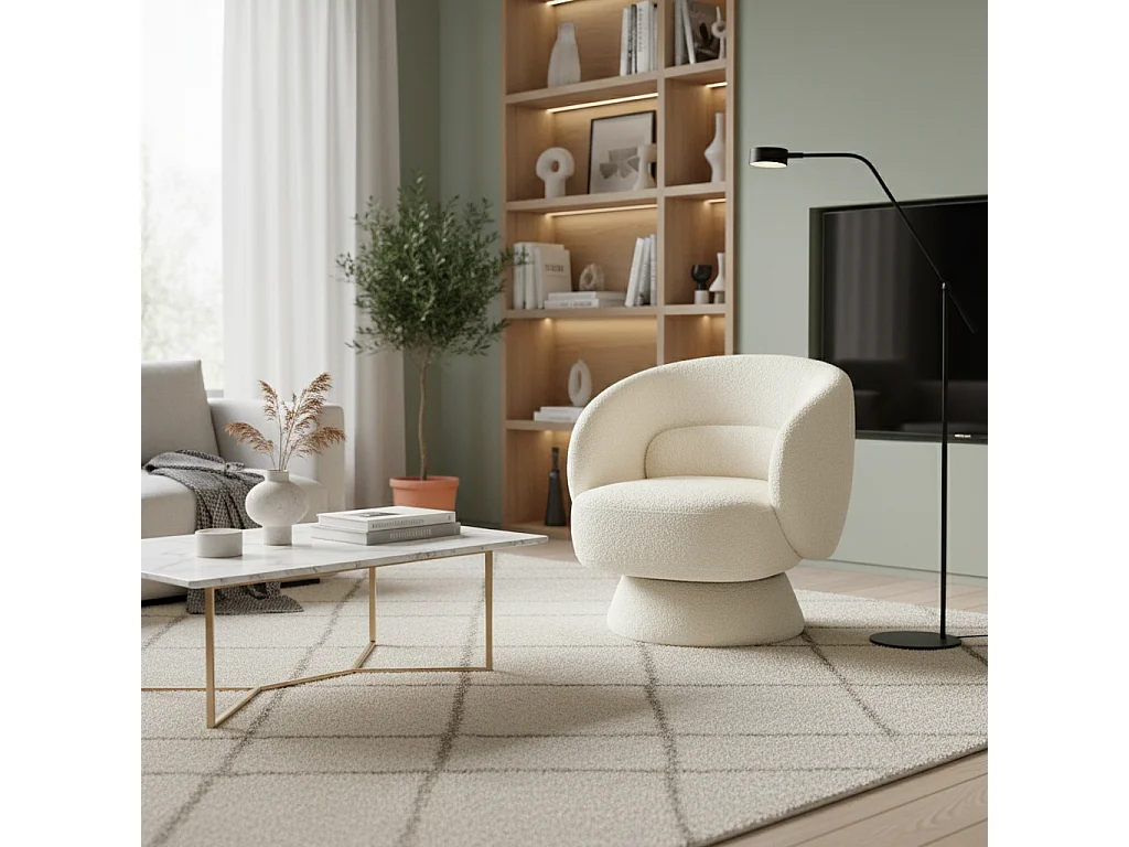 Fauteuil pivotant. rotatif 360° en tissu avec coussin crème - L 76 x P 76 x H 76.5cm - Elias