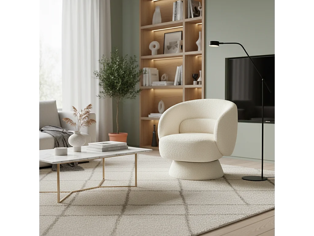 Sillón giratorio 360° en tela texturizada con cojín crema