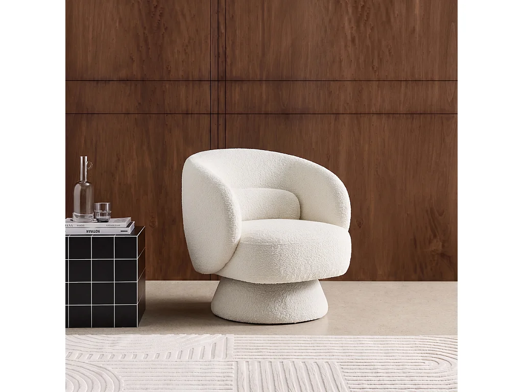 Fauteuil pivotant. rotatif 360° en tissu avec coussin crème - L 76 x P 76 x H 76.5cm - Elias