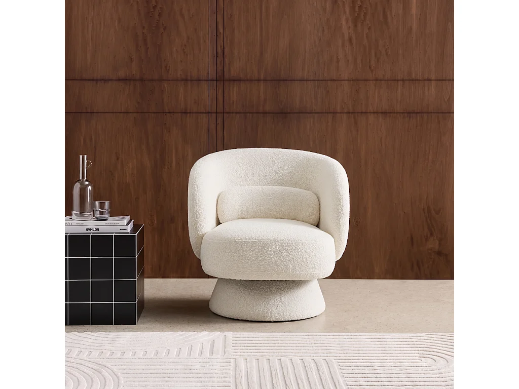 Fauteuil pivotant. rotatif 360° en tissu avec coussin crème - L 76 x P 76 x H 76.5cm - Elias