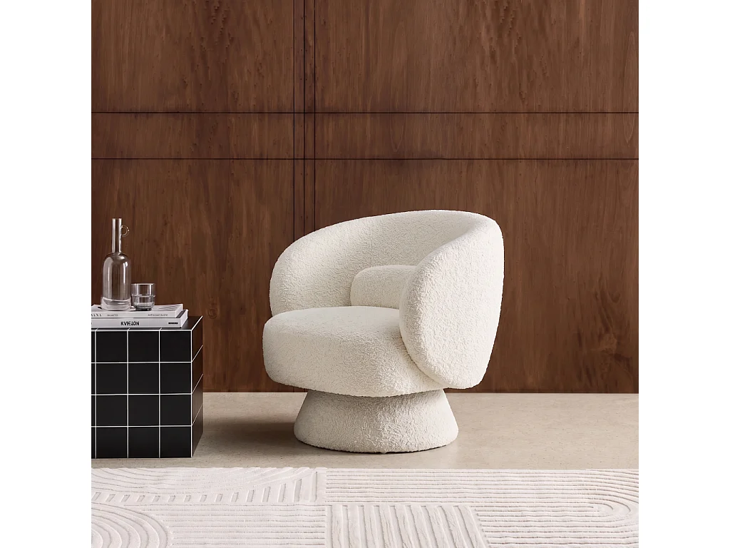 Fauteuil pivotant. rotatif 360° en tissu avec coussin crème - L 76 x P 76 x H 76.5cm - Elias