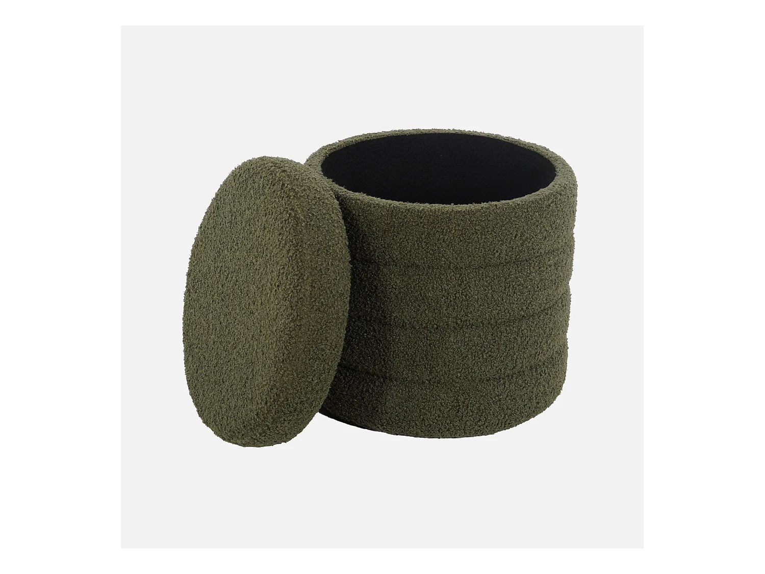 Tabouret en bouclettes kaki avec coffre de rangement intégré