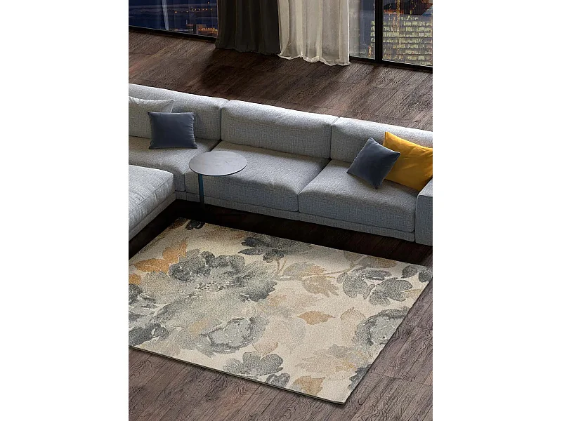Tapis intérieur - motifs floraux - gris / beige - 160 x 230 cm - FLORES SUNSET