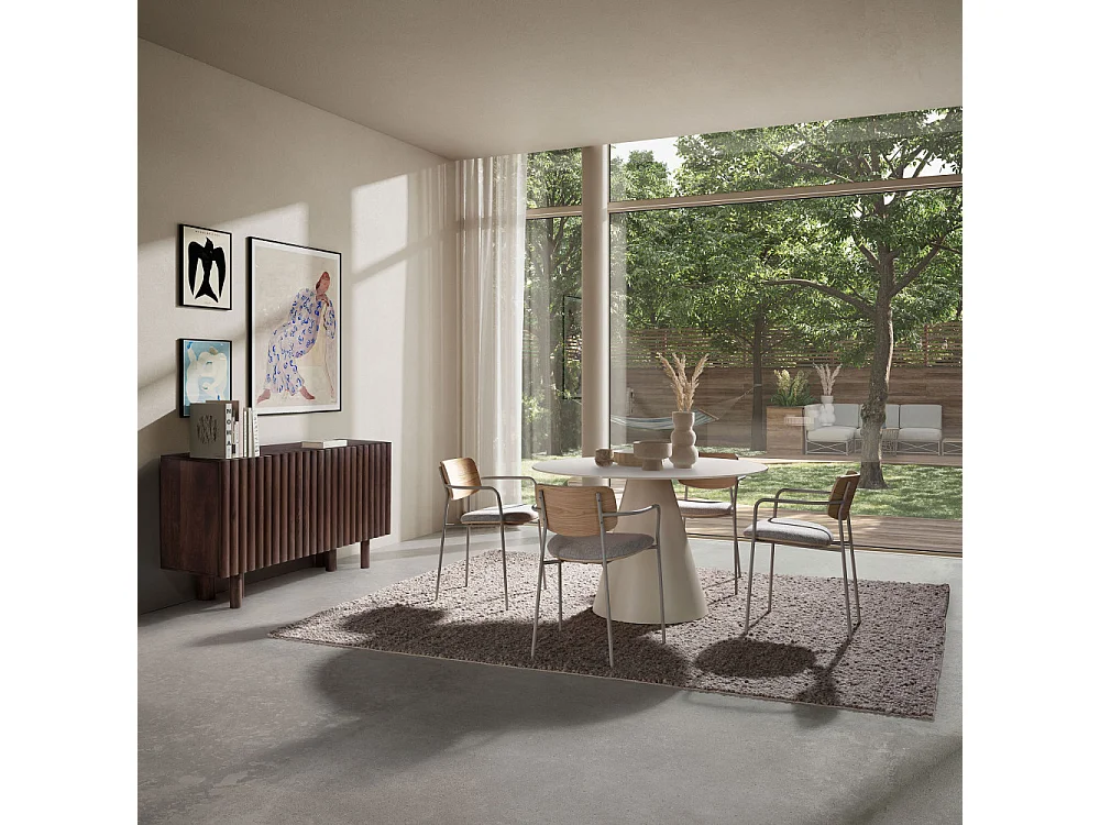 Celeste - Table à manger 4 personnes ronde en verre trempé et métal ø120cm - Beige