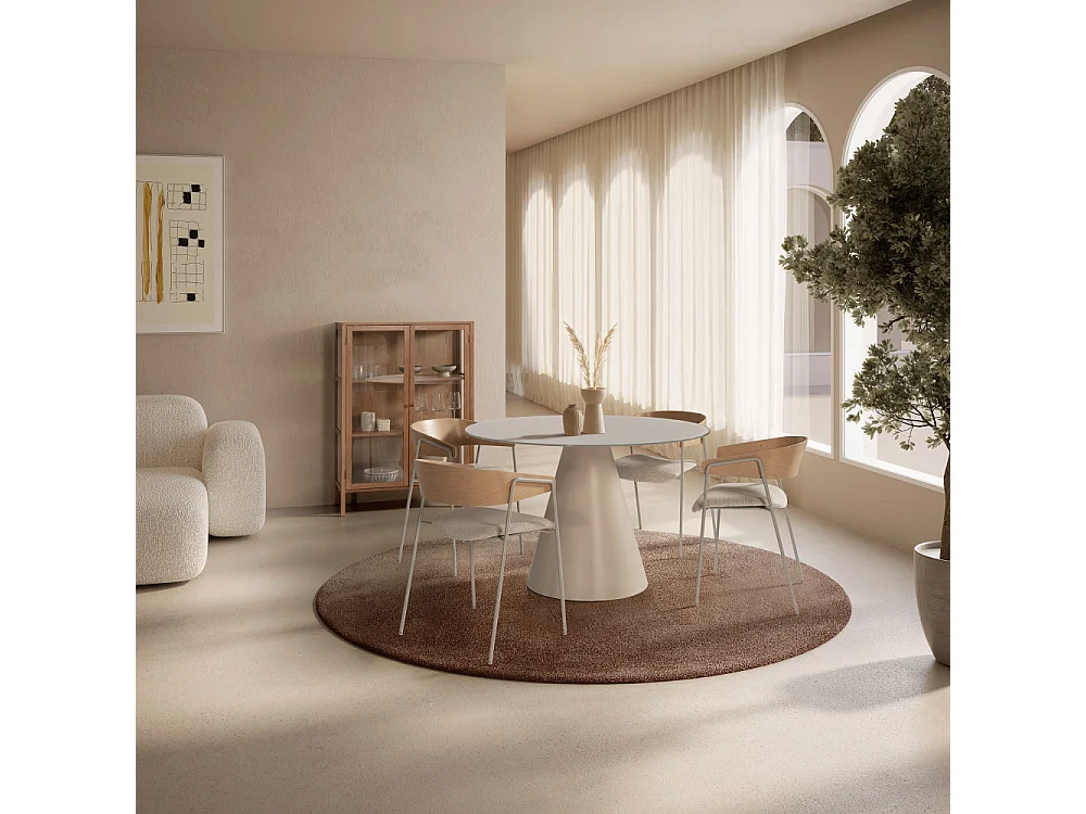 Celeste - Table à manger 4 personnes ronde en verre trempé et métal ø120cm - Beige