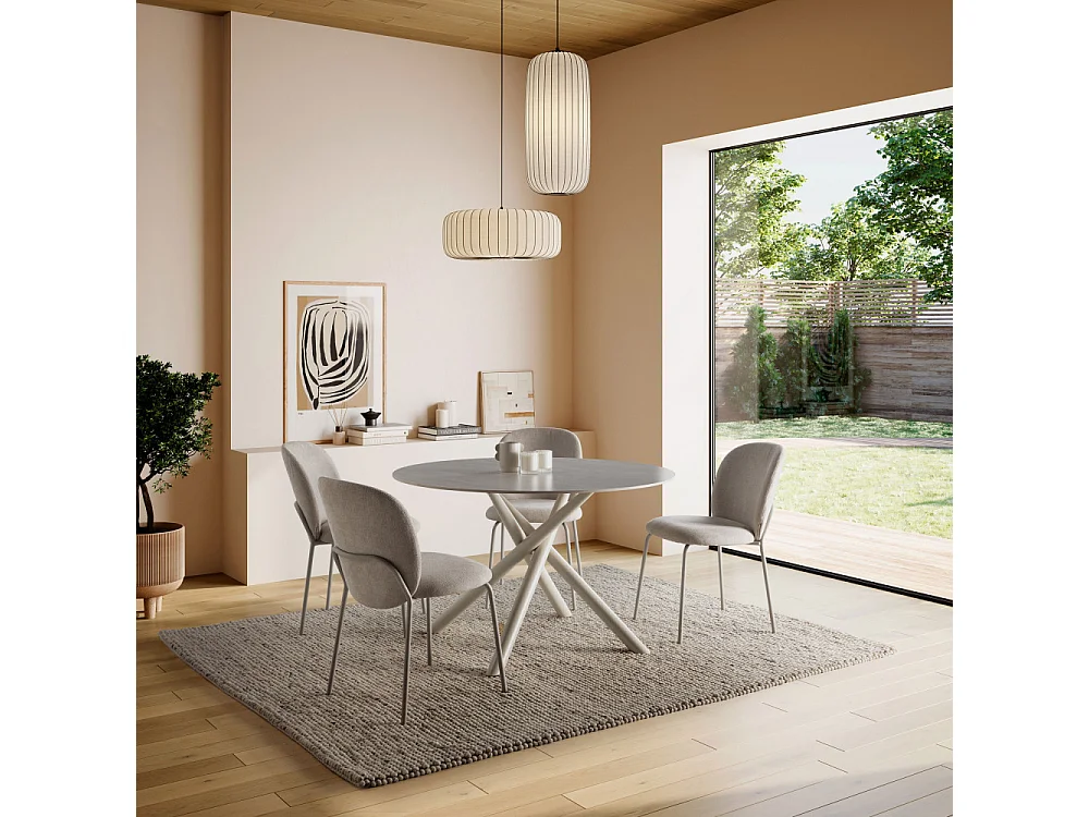 Mattheo - Table à manger 4 personnes ronde effet travertin et métal ø120cm - Beige