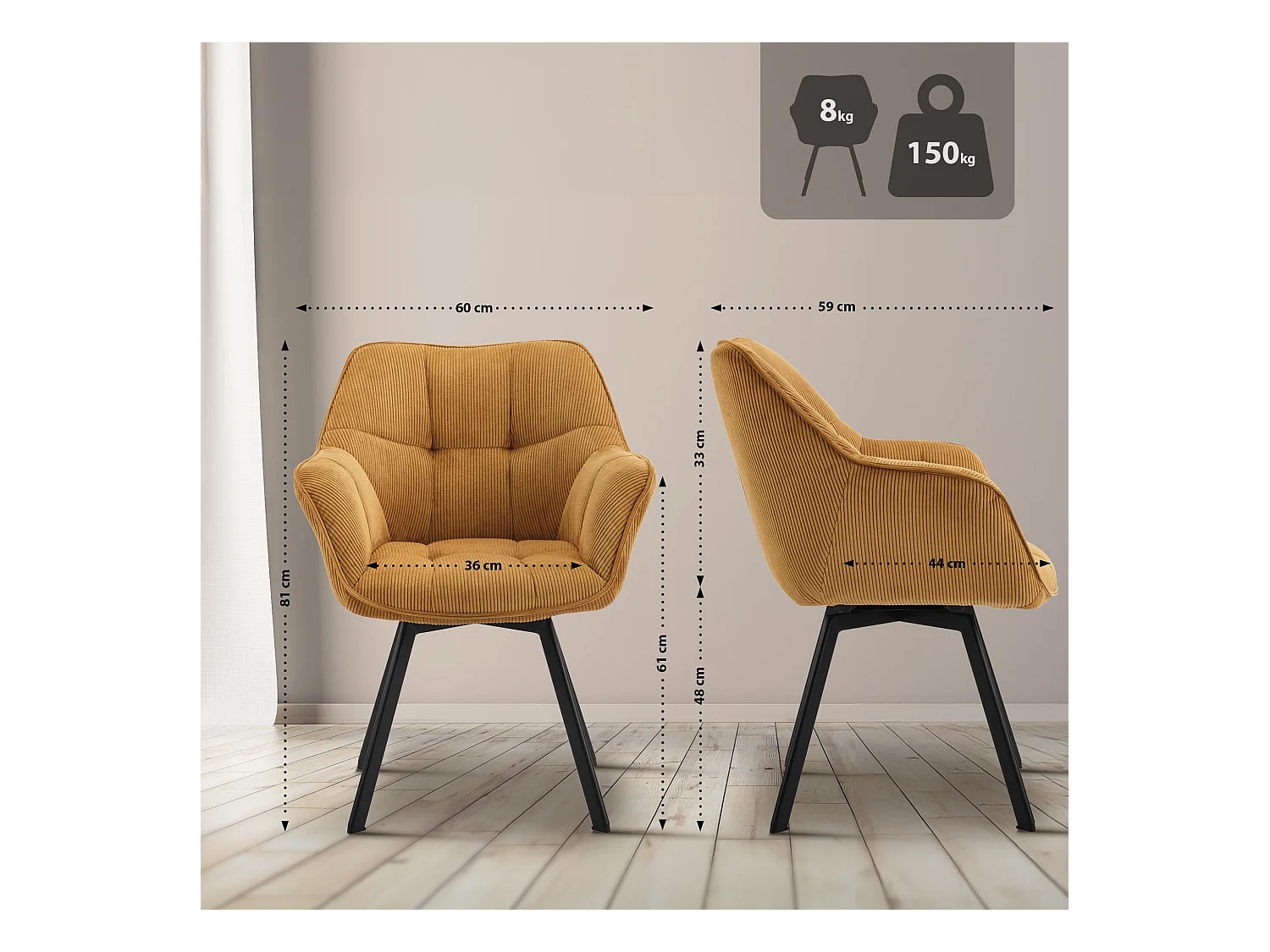 Lot de 2  chaises avec accoudoirs - Cordon - Orange - Jordi