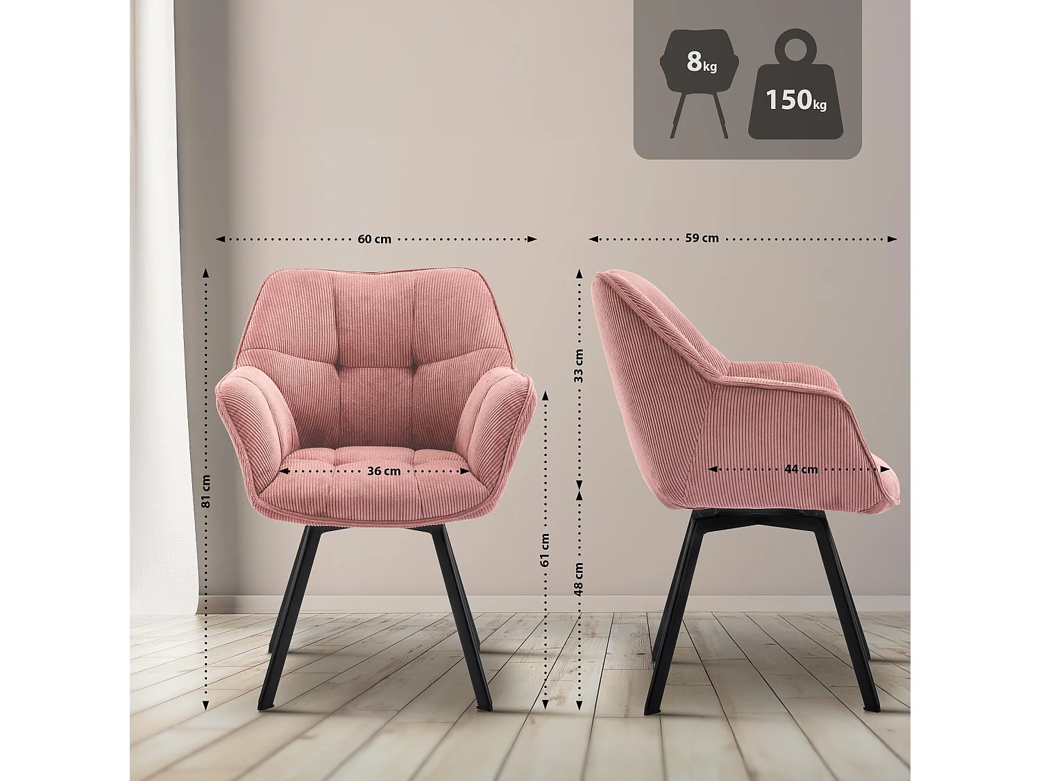 Lot de 2  chaises avec accoudoirs - Cordon & Antique foncé - Rose - Jordi