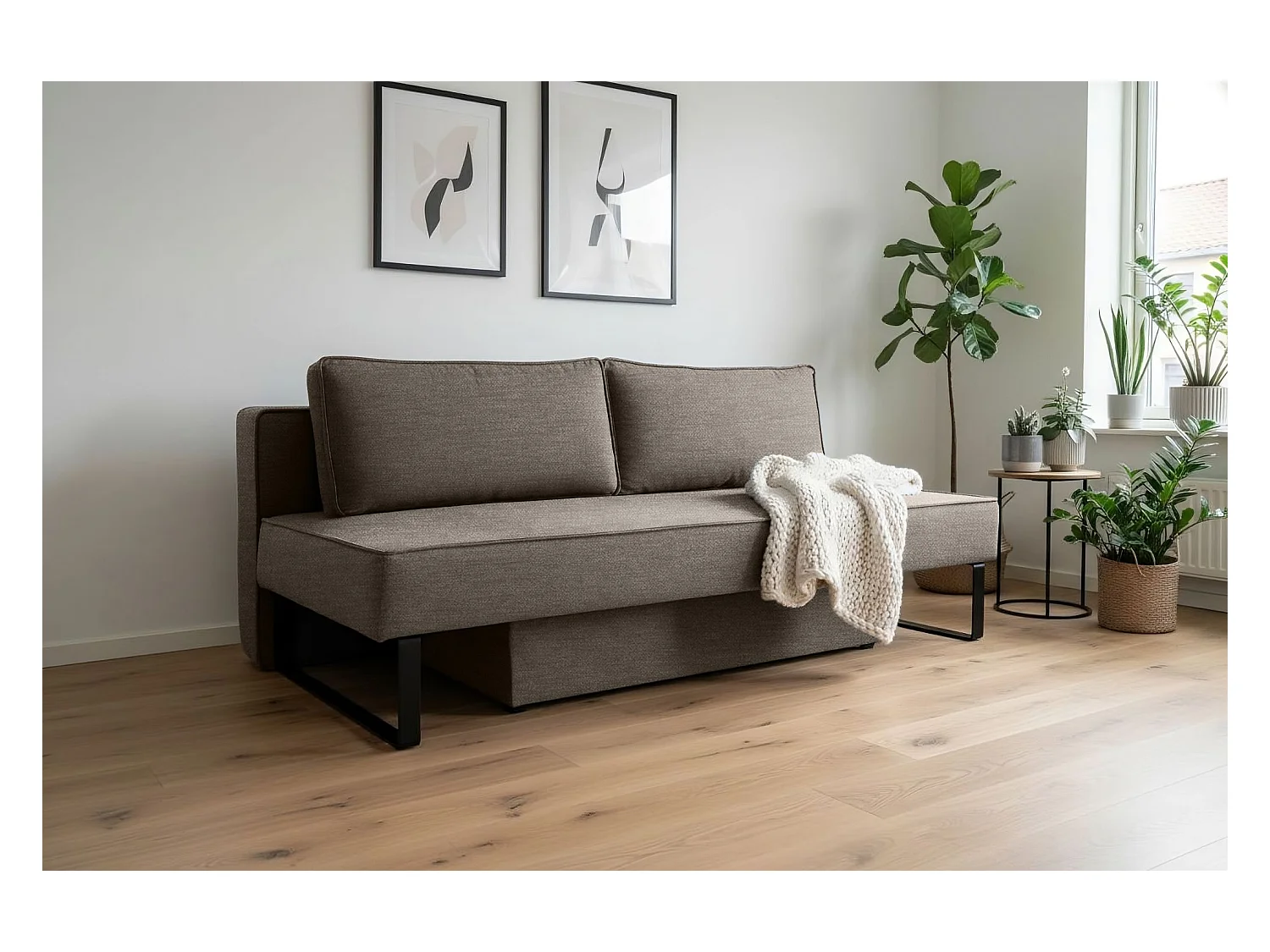 Divano letto NOMI con contenitore e funzione letto, tessuto Faro, marrone chiaro