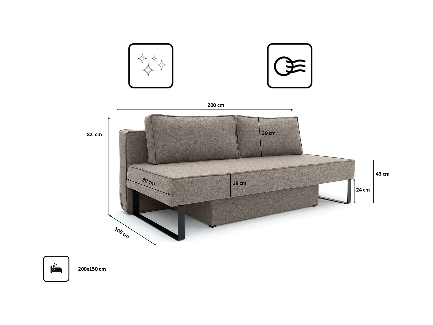 Divano letto NOMI con contenitore e funzione letto, tessuto Faro, marrone chiaro