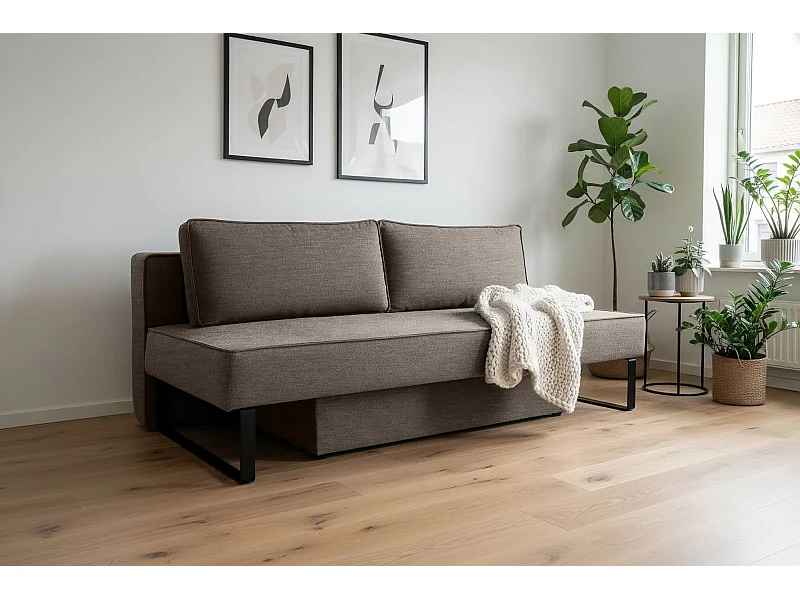 Canapé-lit NOMI avec rangement et fonction couchage, tissu Faro, marron clair