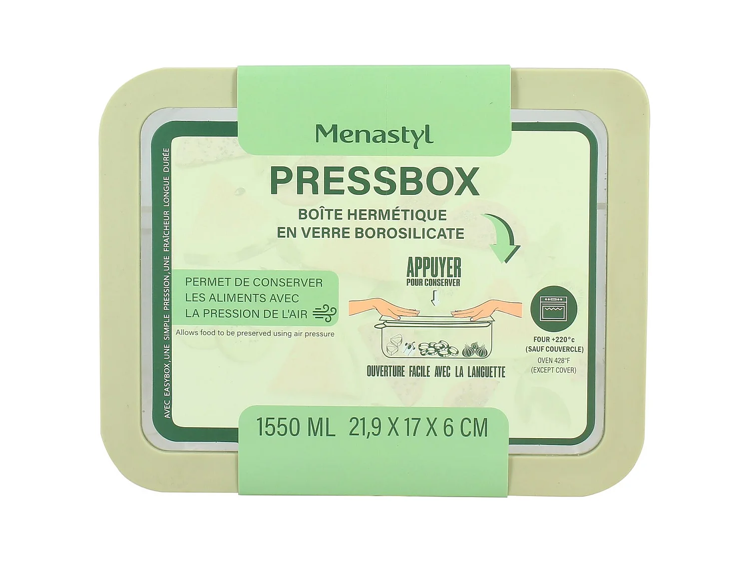 Menastyl - Boite Hermetique Rectang Pressbox 1550ml En Verre Borosilicate Celadon