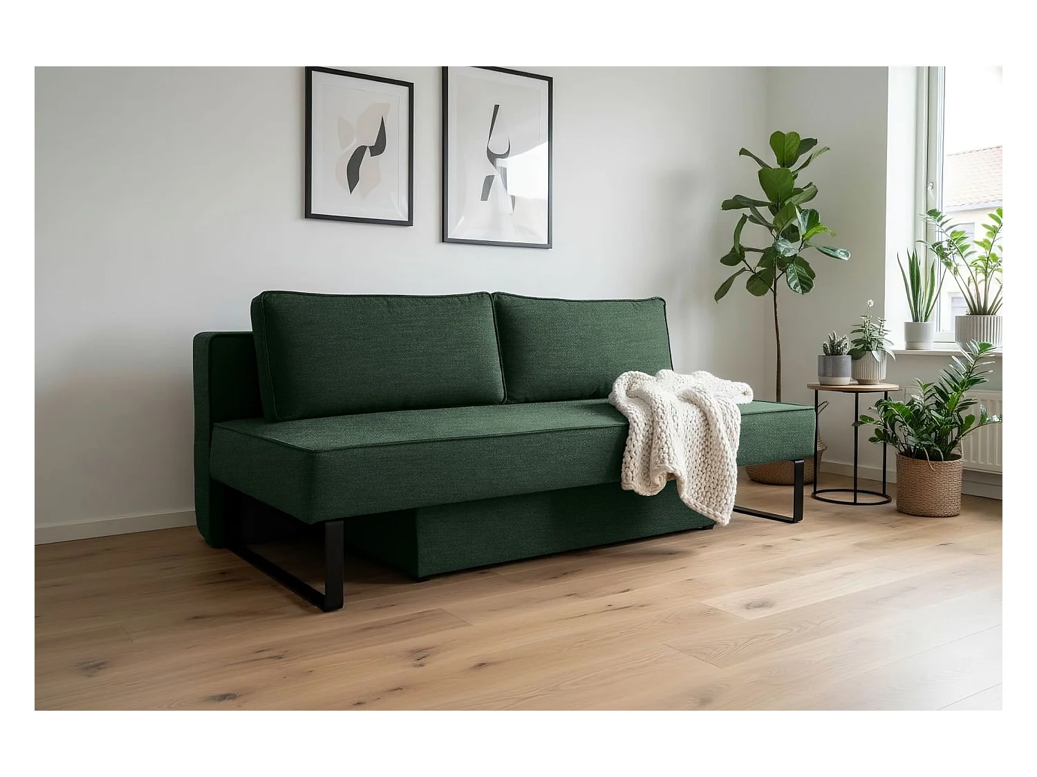 Divano letto NOMI con contenitore e funzione letto, tessuto Faro, verde