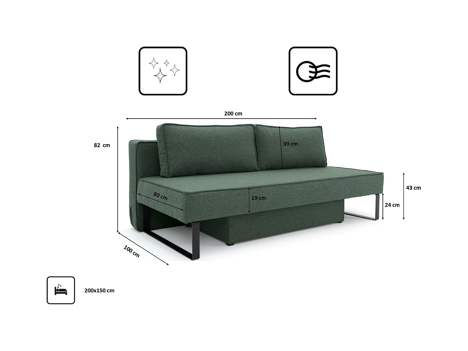 Divano letto NOMI con contenitore e funzione letto, tessuto Faro, verde