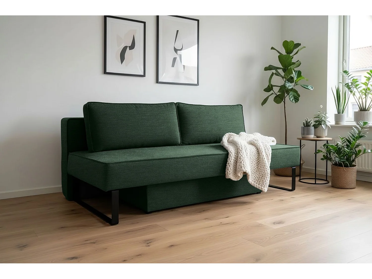 Canapé-lit NOMI avec rangement et fonction couchage, tissu Faro, vert