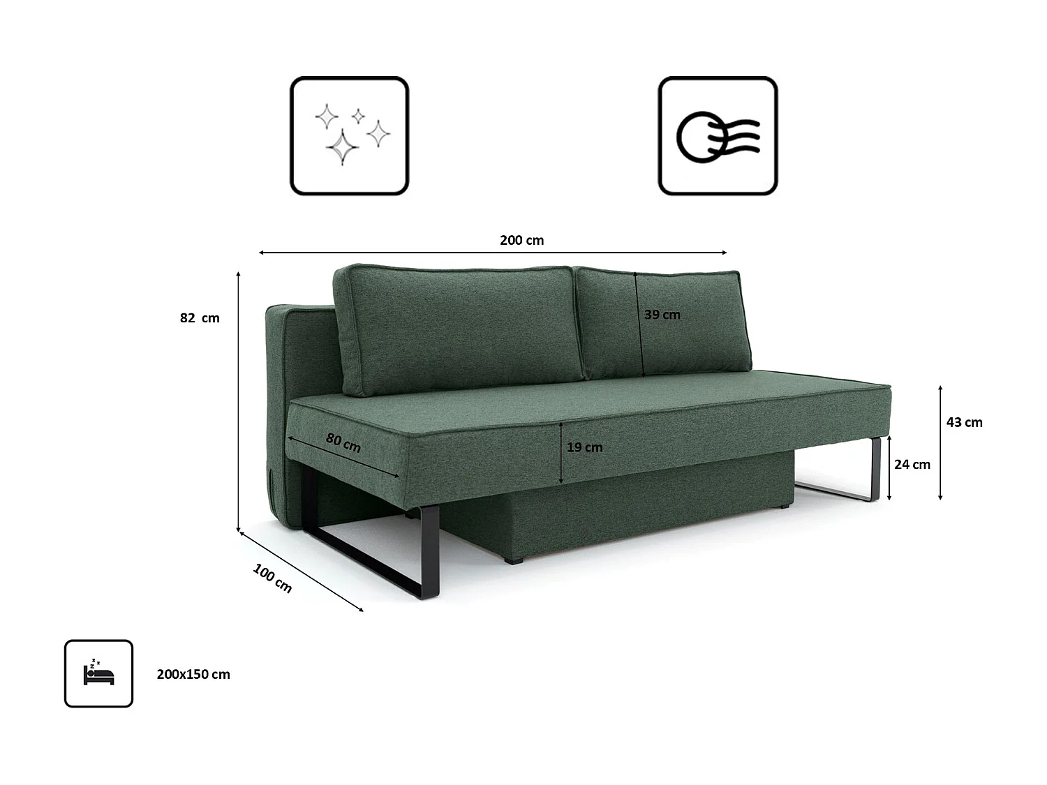 Canapé-lit NOMI avec rangement et fonction couchage, tissu Faro, vert