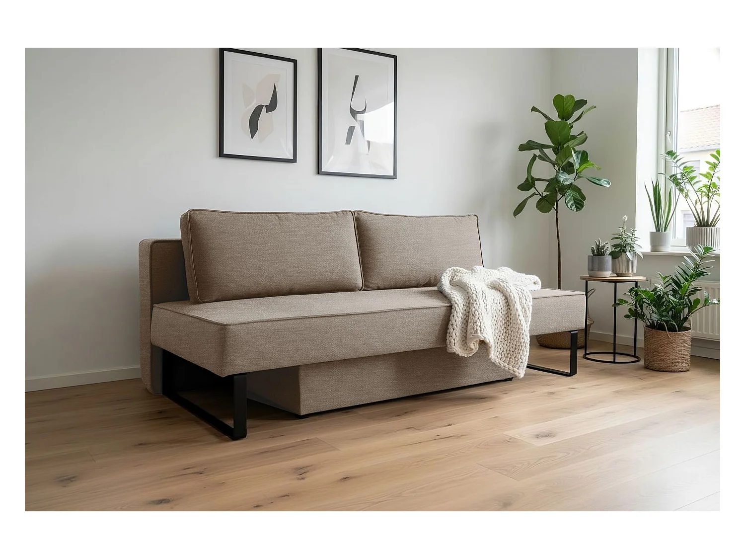 Schlafsofa mit bettkasten und schlaffunktion NOMI, Stoff Faro, Dunkelbeige