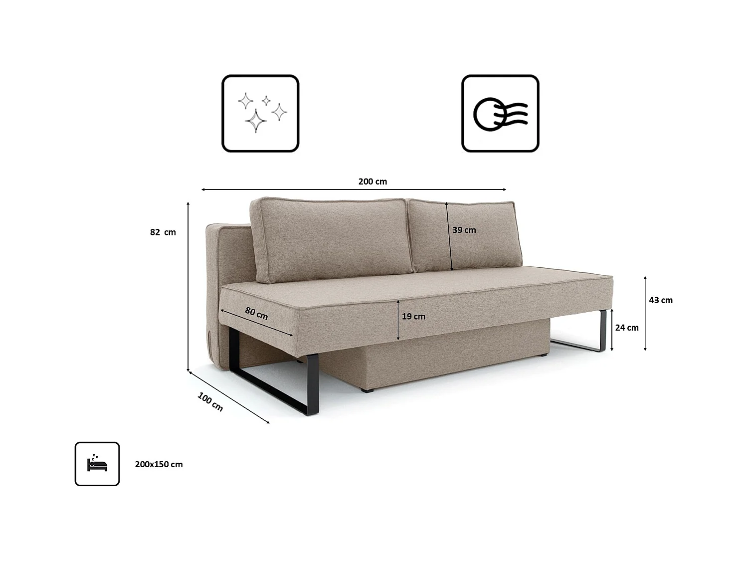 Schlafsofa mit bettkasten und schlaffunktion NOMI, Stoff Faro, Dunkelbeige