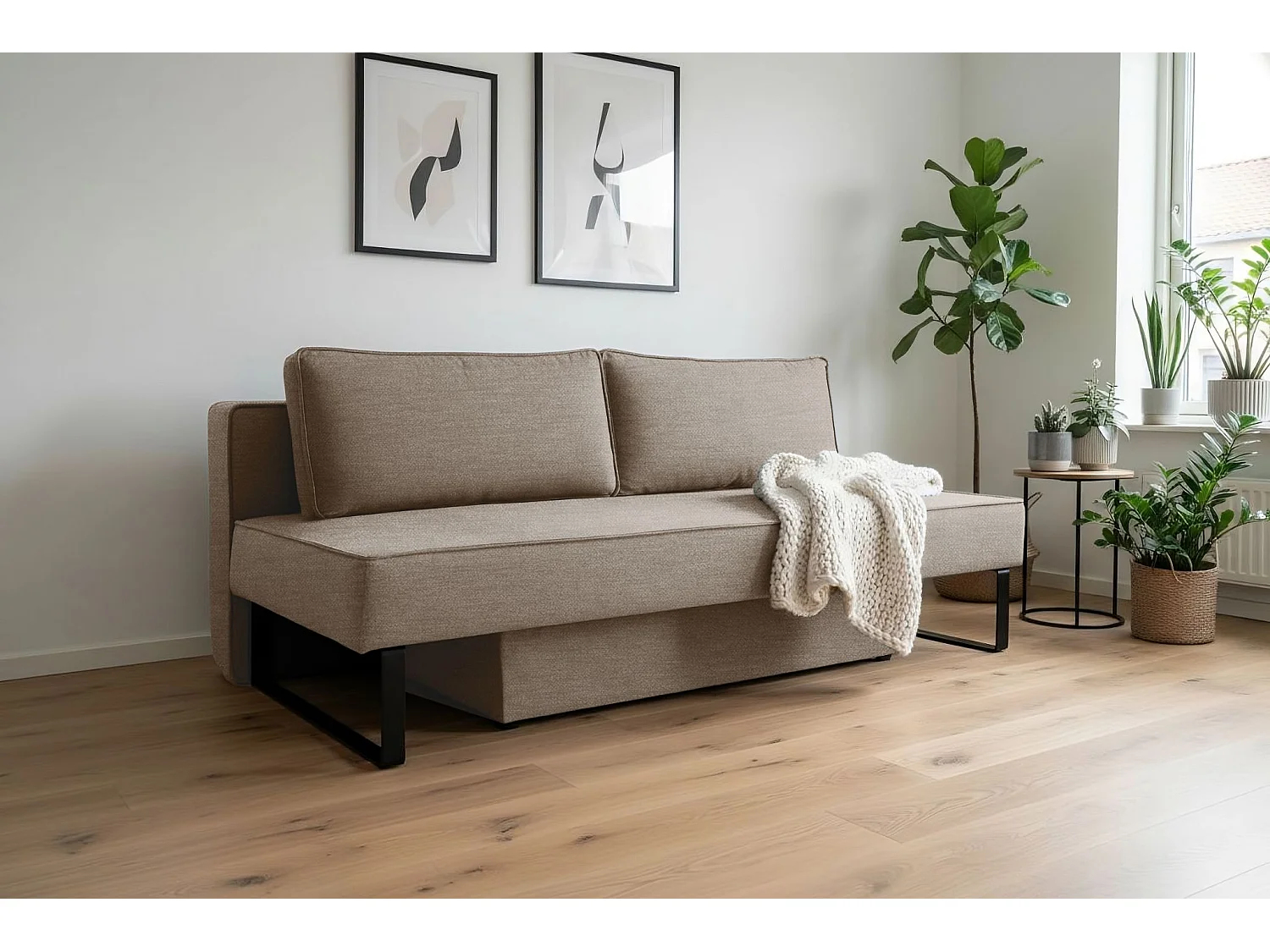 Canapé-lit NOMI avec rangement et fonction couchage, tissu Faro, beige foncé