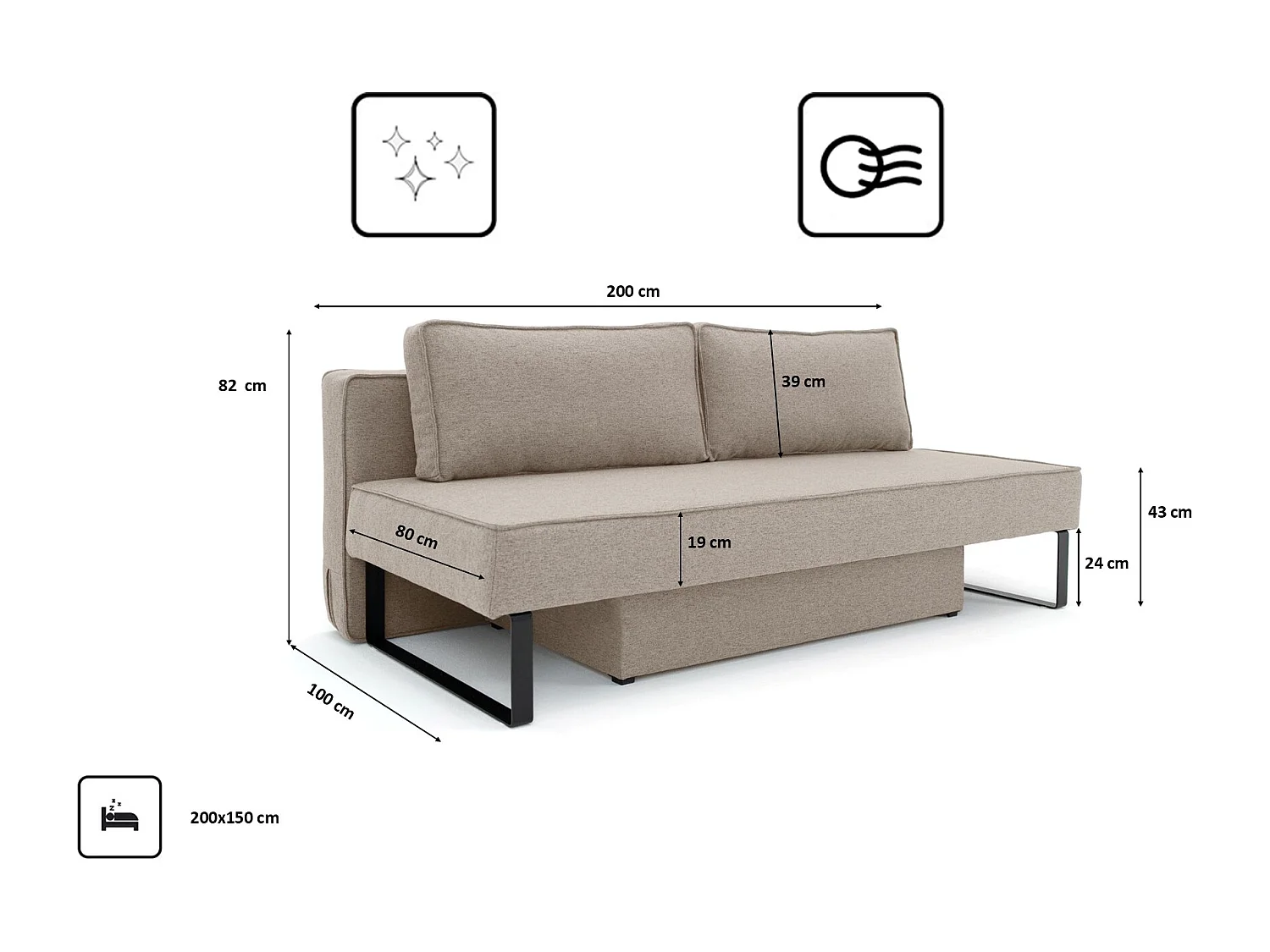 Canapé-lit NOMI avec rangement et fonction couchage, tissu Faro, beige foncé