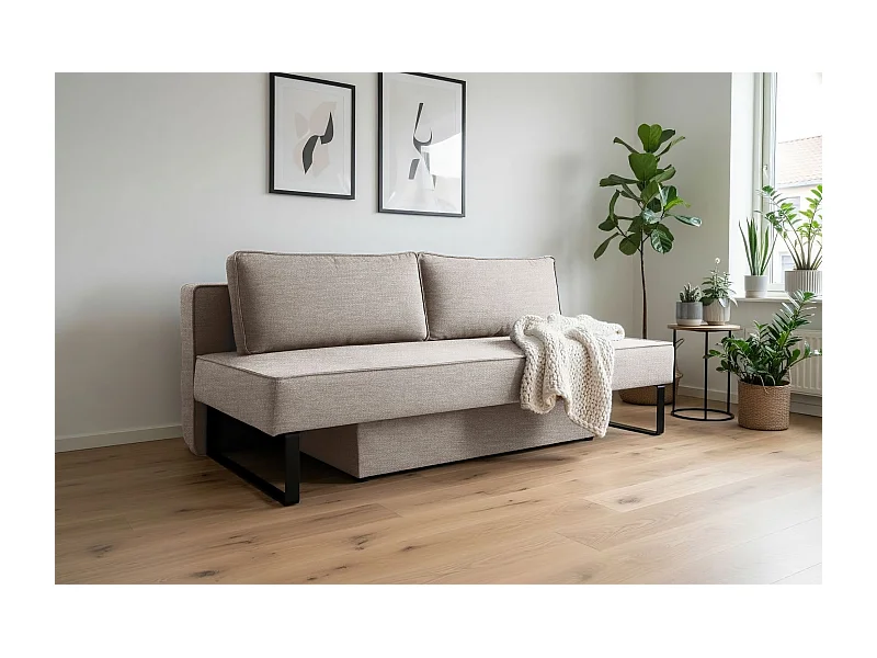 Divano letto NOMI con contenitore e funzione letto, tessuto Faro, grigio chiaro