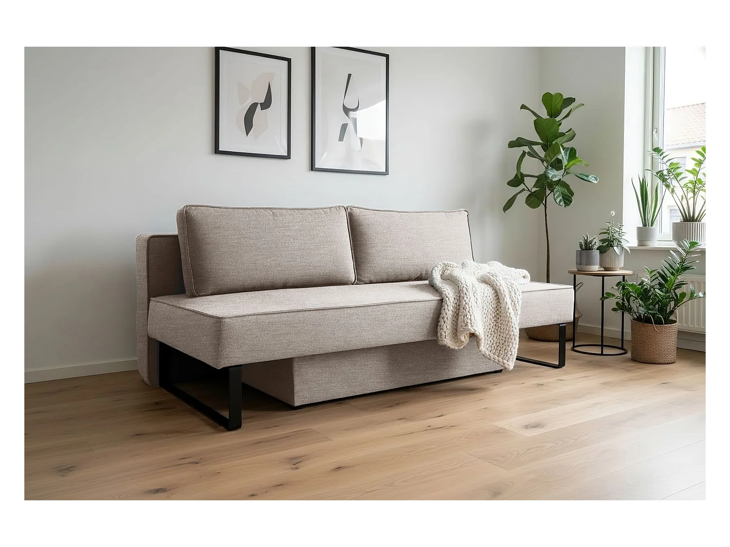 Divano letto NOMI con contenitore e funzione letto, tessuto Faro, grigio chiaro