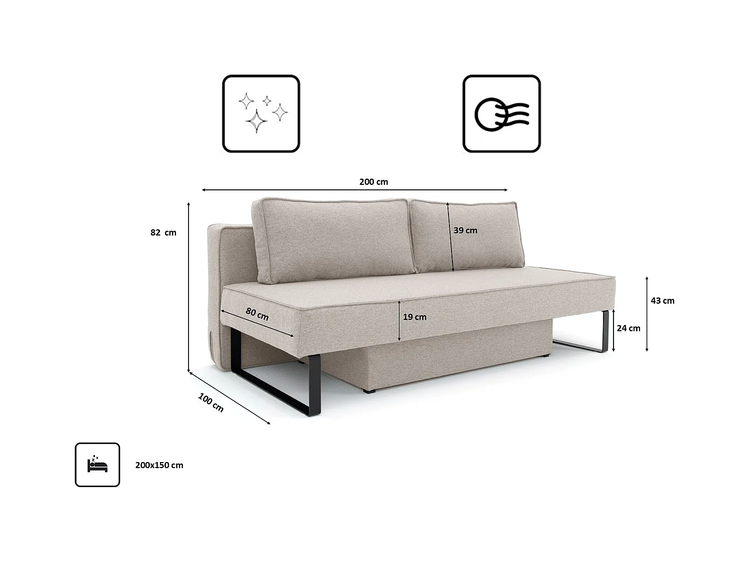 Divano letto NOMI con contenitore e funzione letto, tessuto Faro, grigio chiaro