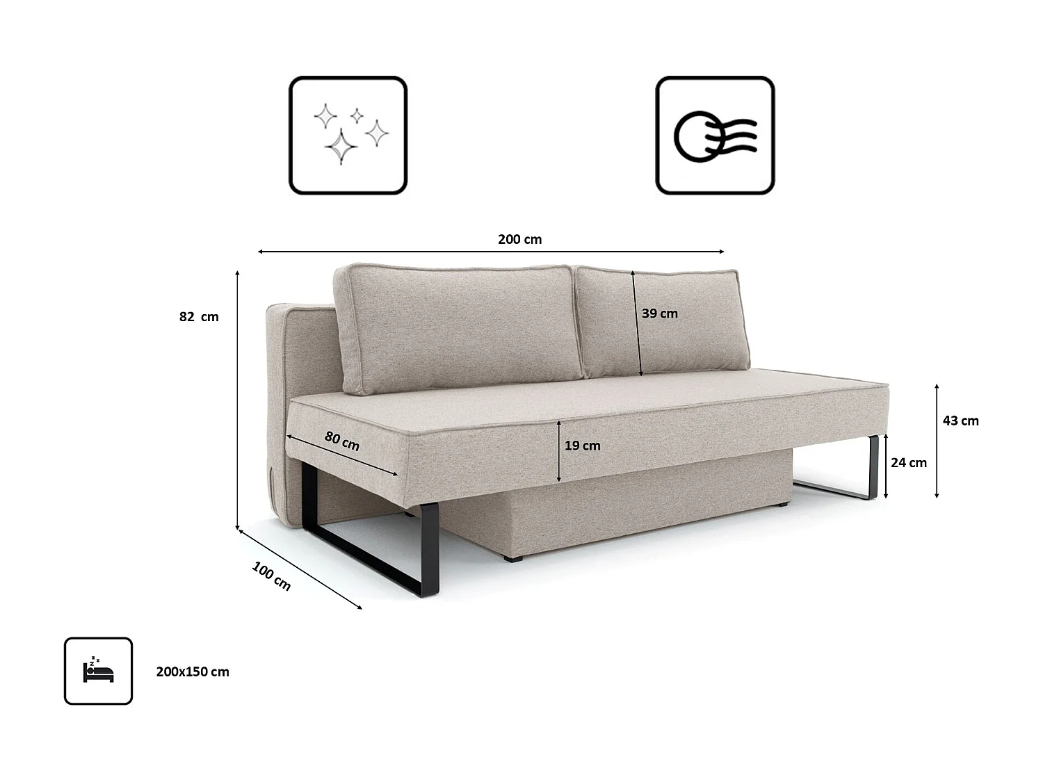 Canapé-lit NOMI avec rangement et fonction couchage, tissu Faro, gris clair