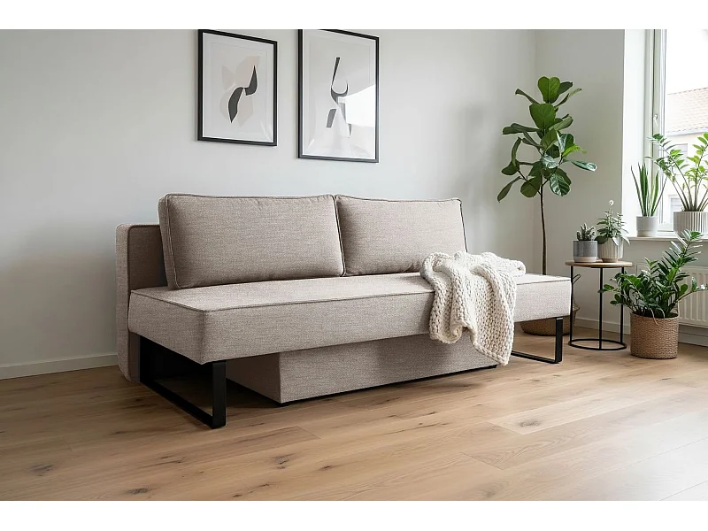 Canapé-lit NOMI avec rangement et fonction couchage, tissu Faro, gris clair