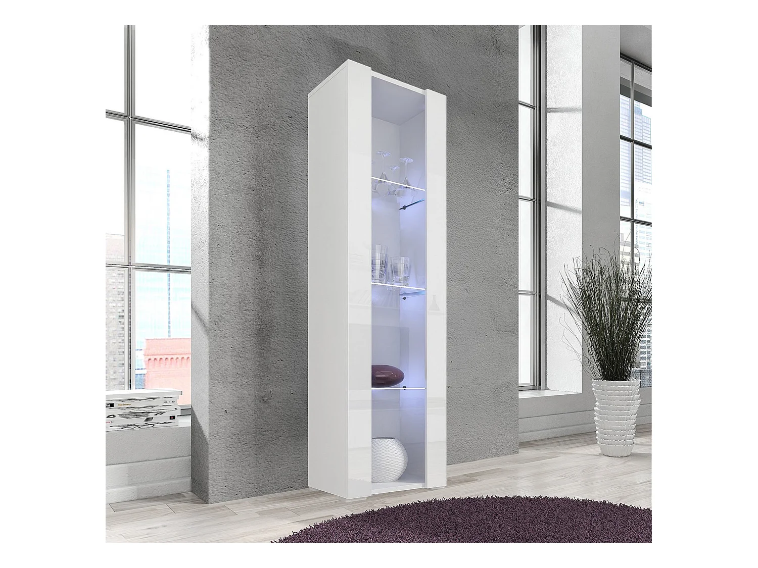 Vitrine pour Salon Salle à manger en Blanc avec LED 40x29x172cm Nora V5