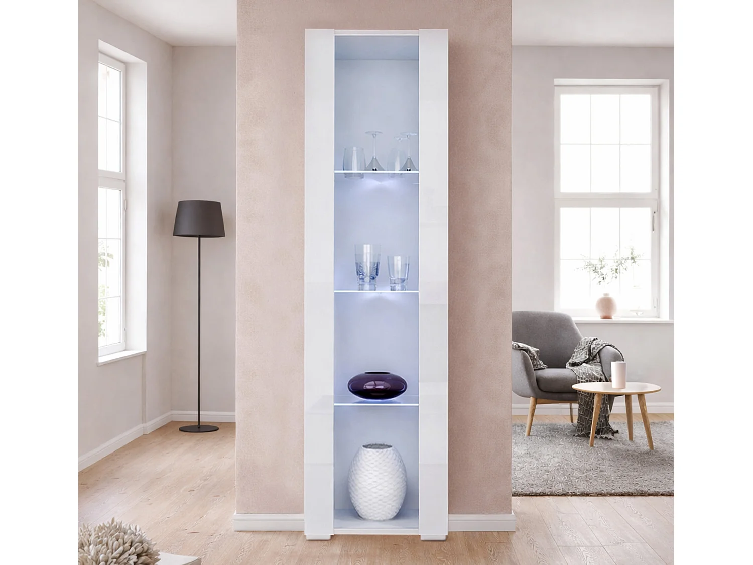 Vitrine pour Salon Salle à manger en Blanc avec LED 40x29x172cm Nora V5