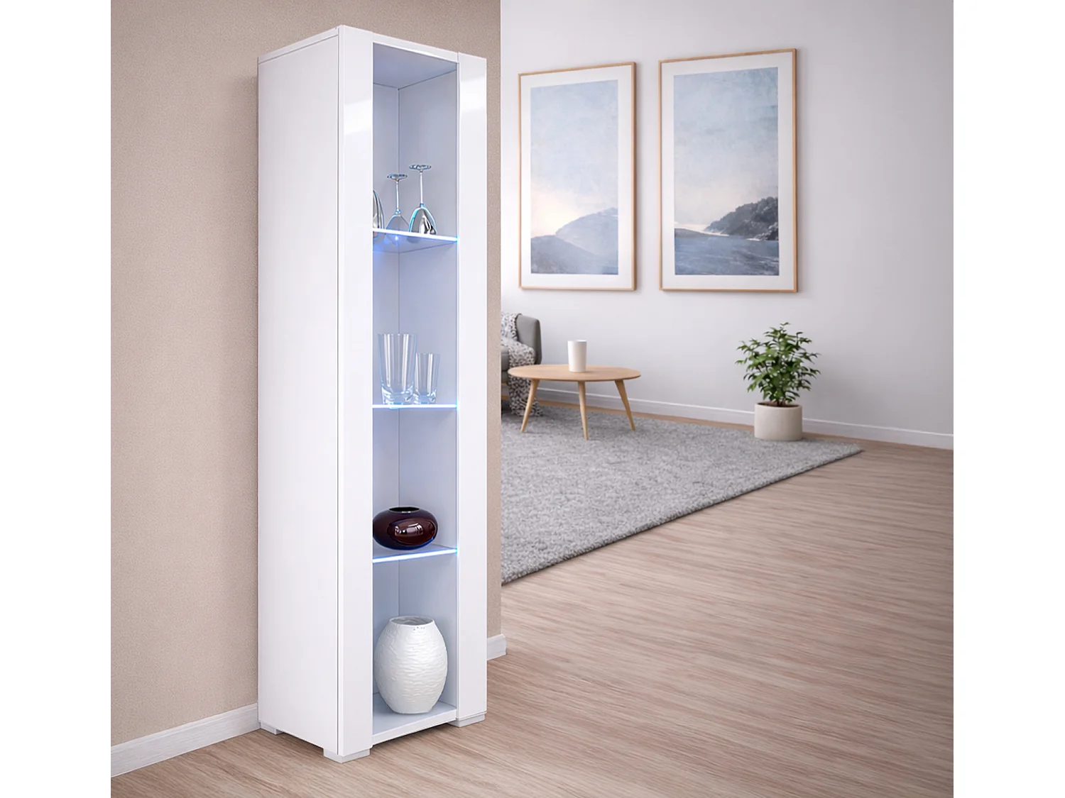 Vitrine pour Salon Salle à manger en Blanc avec LED 40x29x172cm Nora V5