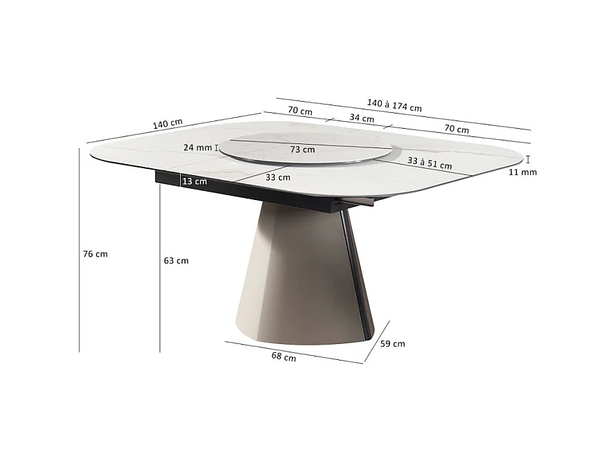 Table extensible 140 à 174 cm blanc plateau de service tournant - TWIST