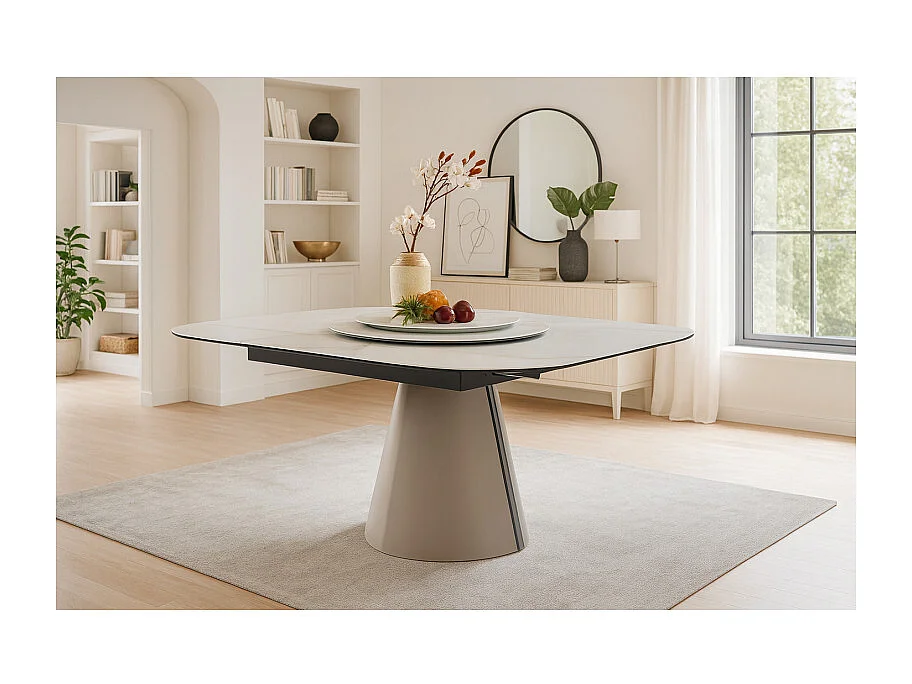 Table 140 à 174 cm céramique blanc plateau de service tournant - TWIST