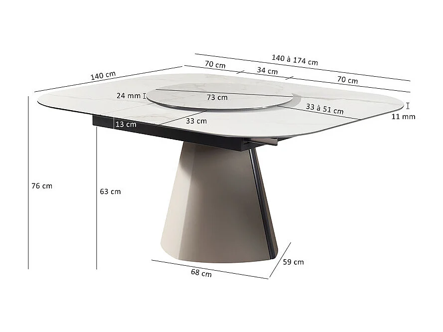 Table 140 à 174 cm céramique blanc plateau de service tournant - TWIST