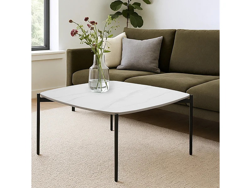 Table basse carrée en céramique blanc marbré et métal noir - JERRY