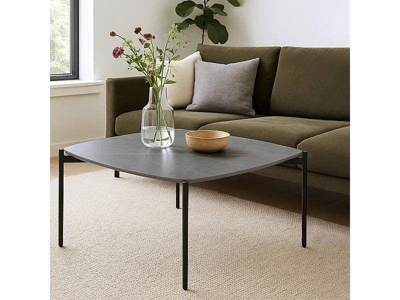 Table basse carrée en céramique gris marbré et métal noir - JERRY