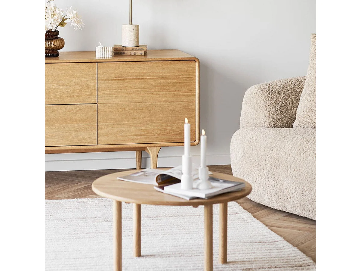 Table basse ronde Ø70cm plateau et pieds en chêne naturel - JOSETTE